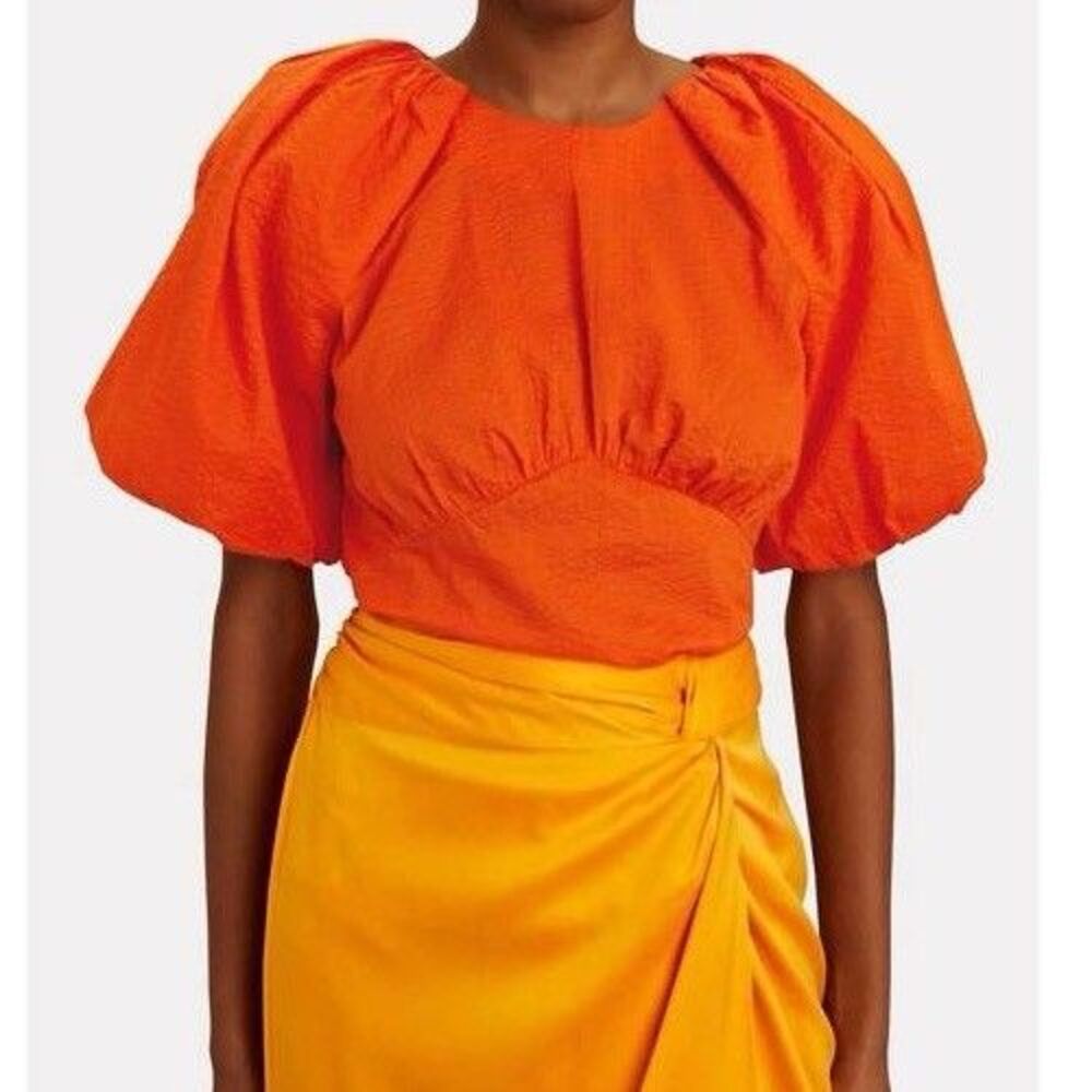 FRAME The Gathered Puff Sleeve Top Orange Cotton Seersucker  Wide Zip Size Small